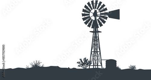 Outback Windmill Silhouette at Sunset Vector Art