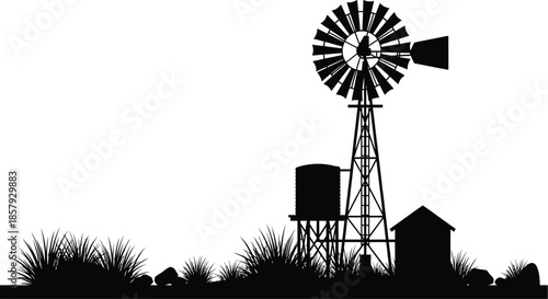 Outback Windmill Silhouette at Sunset Vector Art