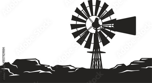 Outback Windmill Silhouette at Sunset Vector Art