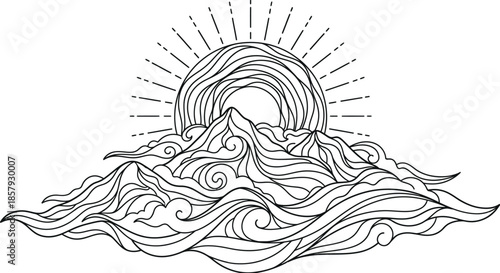 Mountain peak with abstract dreamlike sunrise vector landscape.