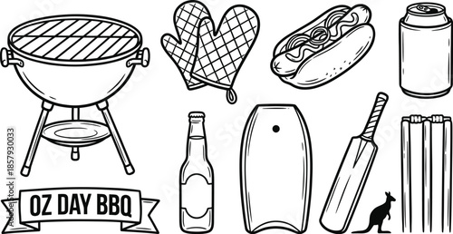 Australia Day BBQ Icons Set Vector Illustration