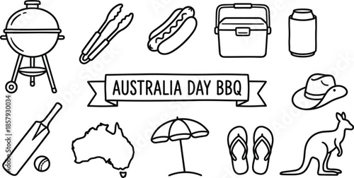 Australia Day BBQ Icons Set Vector Illustration