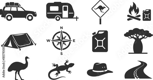 Outback Australian Road Trip Vector Icon Set