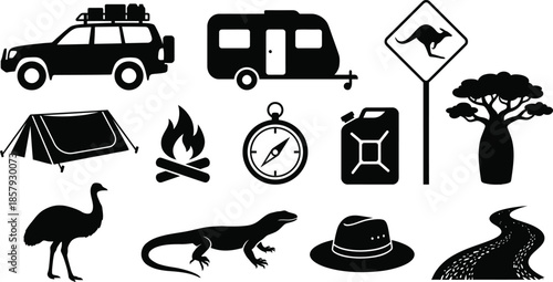 Outback Australian Road Trip Vector Icon Set