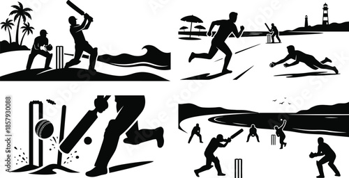 Beach cricket match with flat vector design