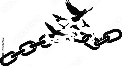 Broken Chains Silhouette with Birds Flying Free