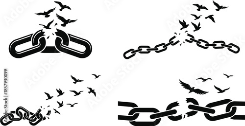 Broken Chains Silhouette with Birds Flying Free