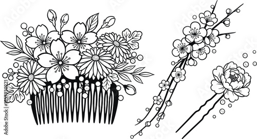 Floral Hair Pins with Pearls for Furisode Styling Vector