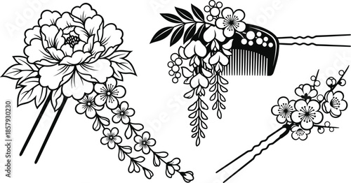 Floral Hair Pins with Pearls for Furisode Styling Vector