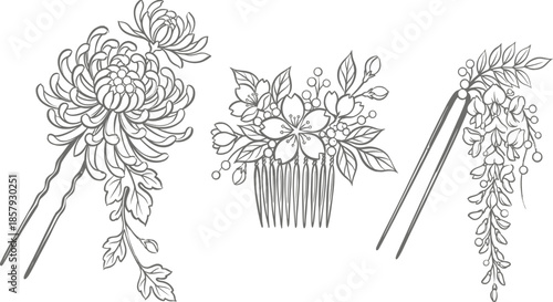 Floral Hair Pins with Pearls for Furisode Styling Vector
