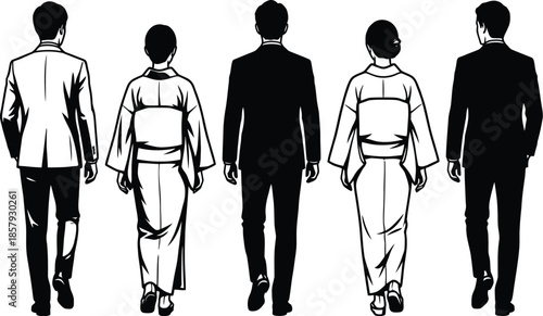 Young adults in suits and kimonos diverse group vector