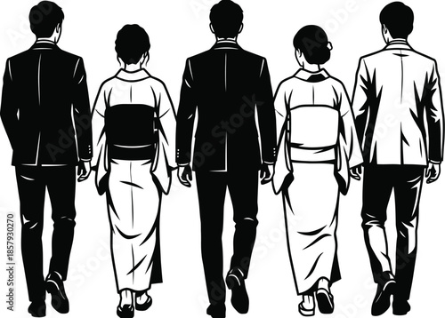 Young adults in suits and kimonos diverse group vector