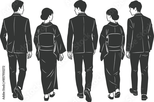 Young adults in suits and kimonos diverse group vector