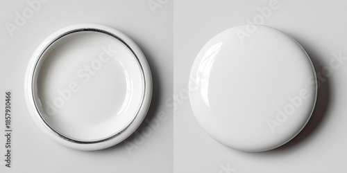 Two views of a white button with a metallic edge on a neutral background