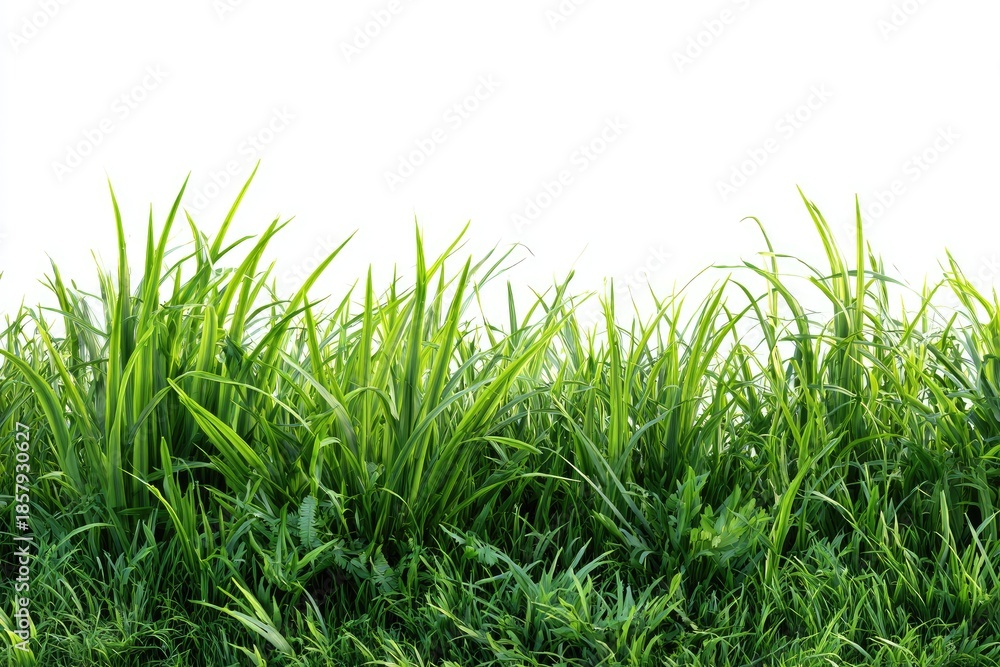 Fototapeta premium Lush green grass blades against a pure white backdrop, creating a border