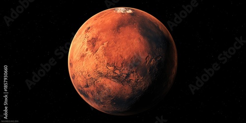 Red planet with dust storms, craters, and polar ice against a black sky