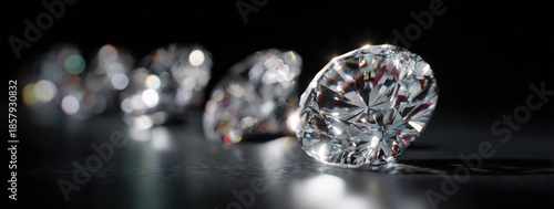 Row of diamonds on a dark surface, light reflecting off their facets