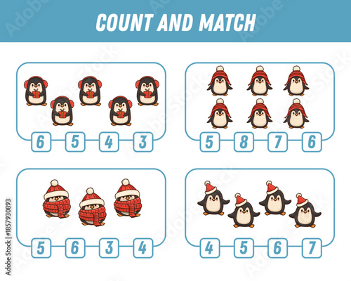 Education game for children count and match of cute cartoon penguins, printable worksheet. Funny penguin. Vector illustration