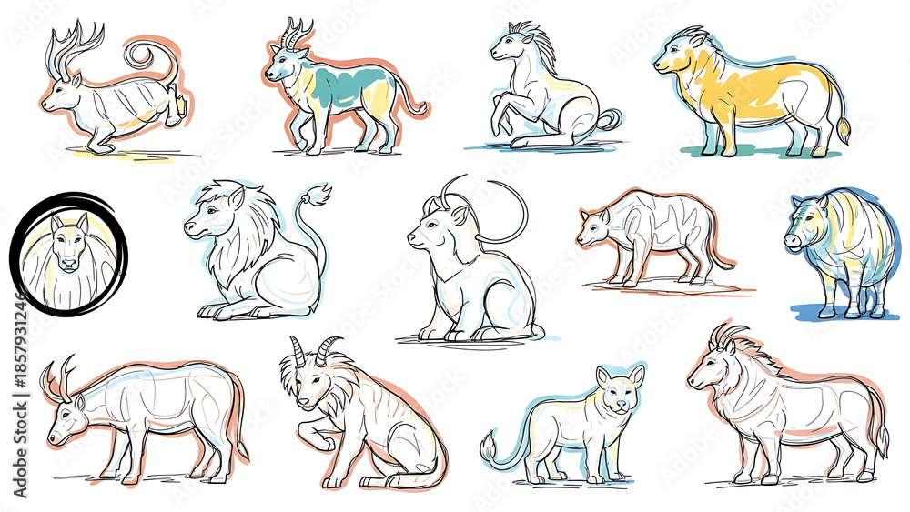 Fototapeta premium Zodiac animals in various poses and colors isolated on a transparent background