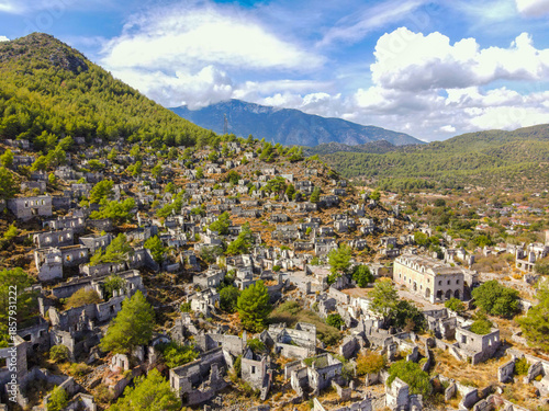 Aerial view of Kayaköy, a historic abandoned village set on a hillside near Fethiye, Turkey