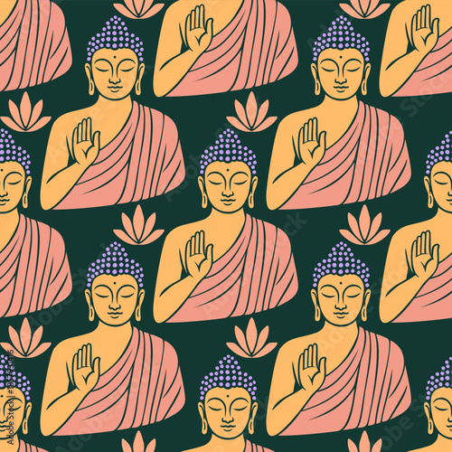 Buddha seamless vector pattern on dark green background