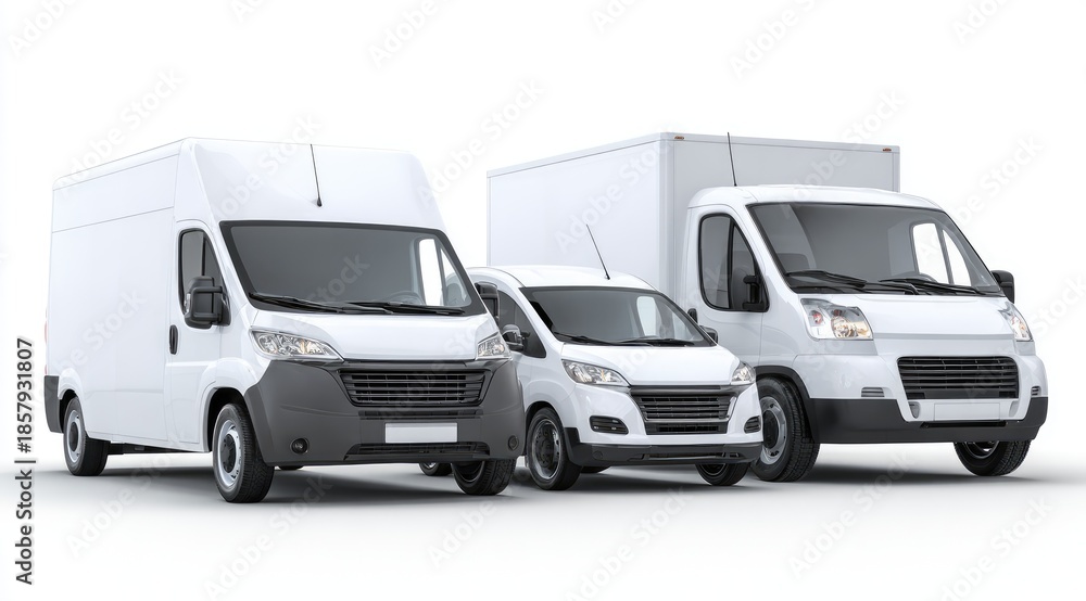 Naklejka premium Three white vans of different sizes parked together against a plain background