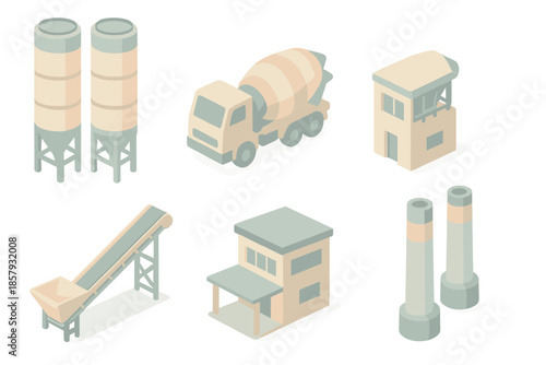 Concrete Plant Symphony. Isometric vector illustration set Concrete Plant Symphony: industrial silos, cement mixer truck, conveyor