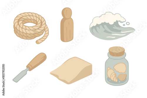 Maritime Drift Creations. Isometric vector illustration set Maritime Drift Creations: rope coil, wooden figurine, small chisel,