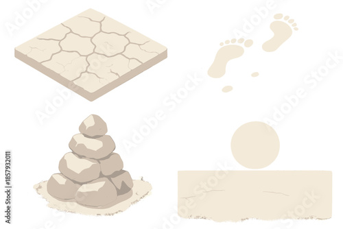 Silent Salt Expanse. Isometric vector illustration set Silent Salt Expanse: cracked surface pattern, faint footprints, dry stone