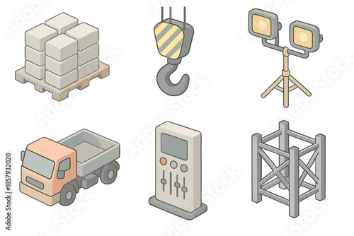 Urban Construction Elements. Isometric vector illustration set Urban Material Symphony: concrete block stacks, crane hook, heavy