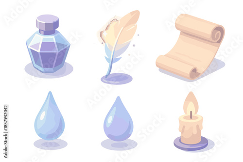 Oracular Ink Set. Isometric vector illustration set Oracular Ink Reservoir: crystal ink bottle, glowing quill, parchment scroll,