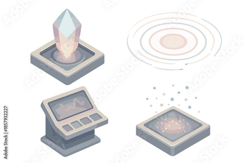 Futuristic Energy Core. Isometric vector illustration set Aeon Flux Catalyst: glowing crystal core, energy ripple rings,