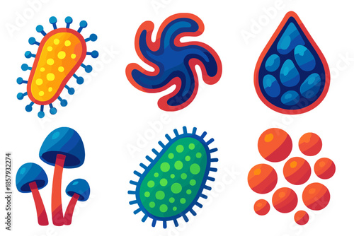 Vibrant Microbe Icons. Isometric vector illustration set Living Ink Microbe: glowing bacteria, swirling amoeba, ink droplet colony