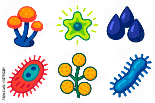 Living Microbe Icons. Isometric vector illustration set Living Ink Microbe: microscopic fungi, glowing amoeba, ink droplet colony,