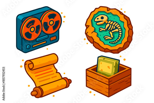 Archaeologic Audio Collection. Isometric vector illustration set Archaeologic Audio Tape: vintage reel-to-reel tape, cracked