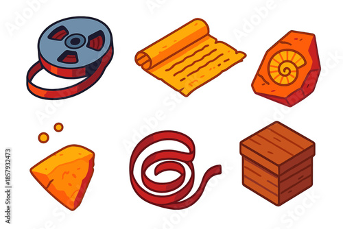 Archaeologic Audio Artifacts. Isometric vector illustration set Archaeologic Audio Tape: tape reel fragment, ancient scroll piece,