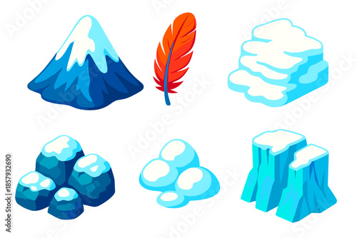 Avalanche Feather Icons. Isometric vector illustration set Avalanche Feather: snow-capped mountain, soft feather in air, cascading