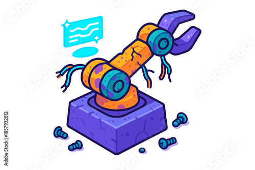 Ancient Robotic Relic. Isometric vector illustration set Fossilized Future Artifact: ancient robotic arm, fractured wiring,