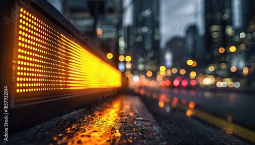 Lit LED display on wet curb, blurred cityscape behind