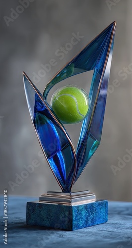 Modern tennis trophy with a ball, blue glass, metallic trim