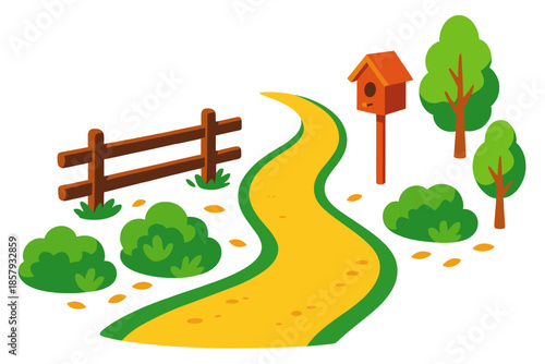 Country Road Scenery. Isometric vector illustration set Country Road Fence: country lane, split-rail fence, roadside shrubs,