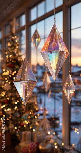 Holiday decorations, crystal orbs, window with sunset view