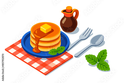 Pancake Breakfast Icons. Isometric vector illustration set Pancake Breakfast Maple: breakfast table setting, pancakes with syrup,