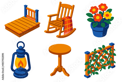 Cozy Porch Retreat. Isometric vector illustration set Rocking Chair Porch: wooden deck porch, rocking chair with blanket, potted