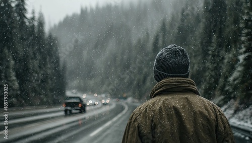 Man gazes at cars on snow-swept highway lined by forest