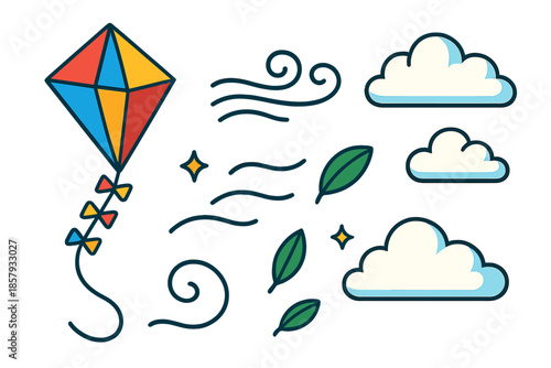 Kite and Wind Elements. Isometric vector illustration set Kite String Wind: flying kite, twisting string lines, small wind swirls,