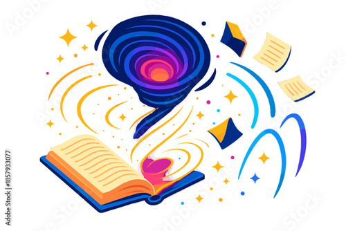 Wormhole Book Voyage. Isometric vector illustration set Ex Libris Wormhole: floating open book, swirling wormhole vortex, tiny