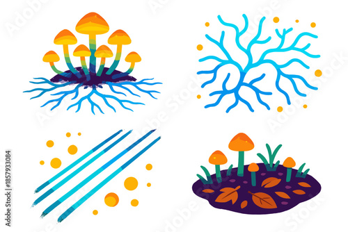 Glowing Mushroom Network. Isometric vector illustration set Fungus Network: glowing mushroom network, branching mycelium, tiny