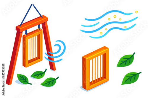 Aeolian Harp Serenity. Isometric vector illustration set Aeolian Wind Harp: hanging harp structure, wind lines, glowing sound