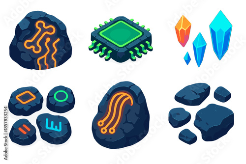 Futuristic Data Fossils. Isometric vector illustration set Fossilized Data Stream: neon fossilized circuits, glowing memory chips,